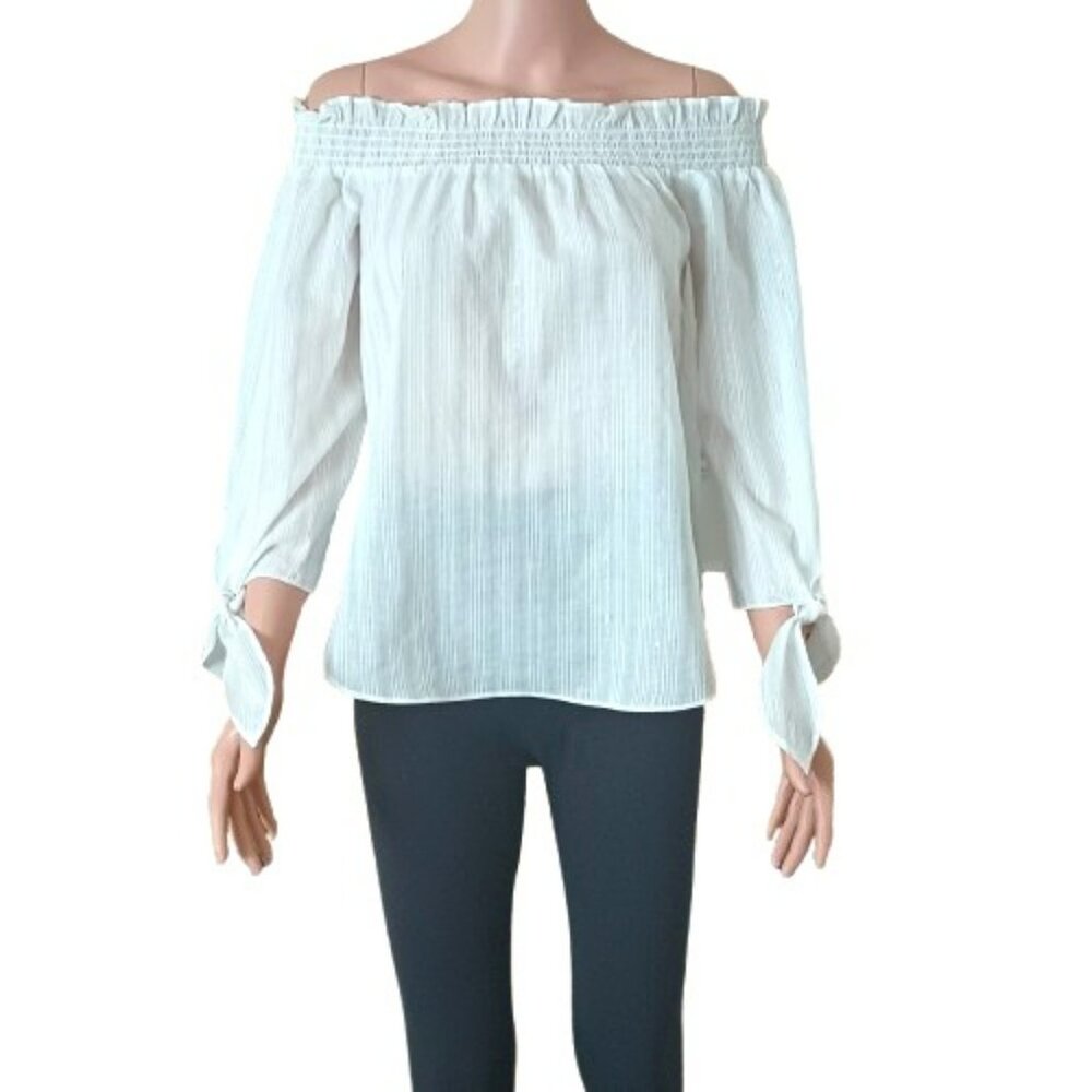 Michael Kors Off Shoulder Top XS Silver Weaving Tie Sleeves White Ribbed Shirt